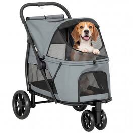Pawhut - Wheel Pet Stroller with Easy One-Click Quick Fold, Mesh Window, Washable Cushion - Gray