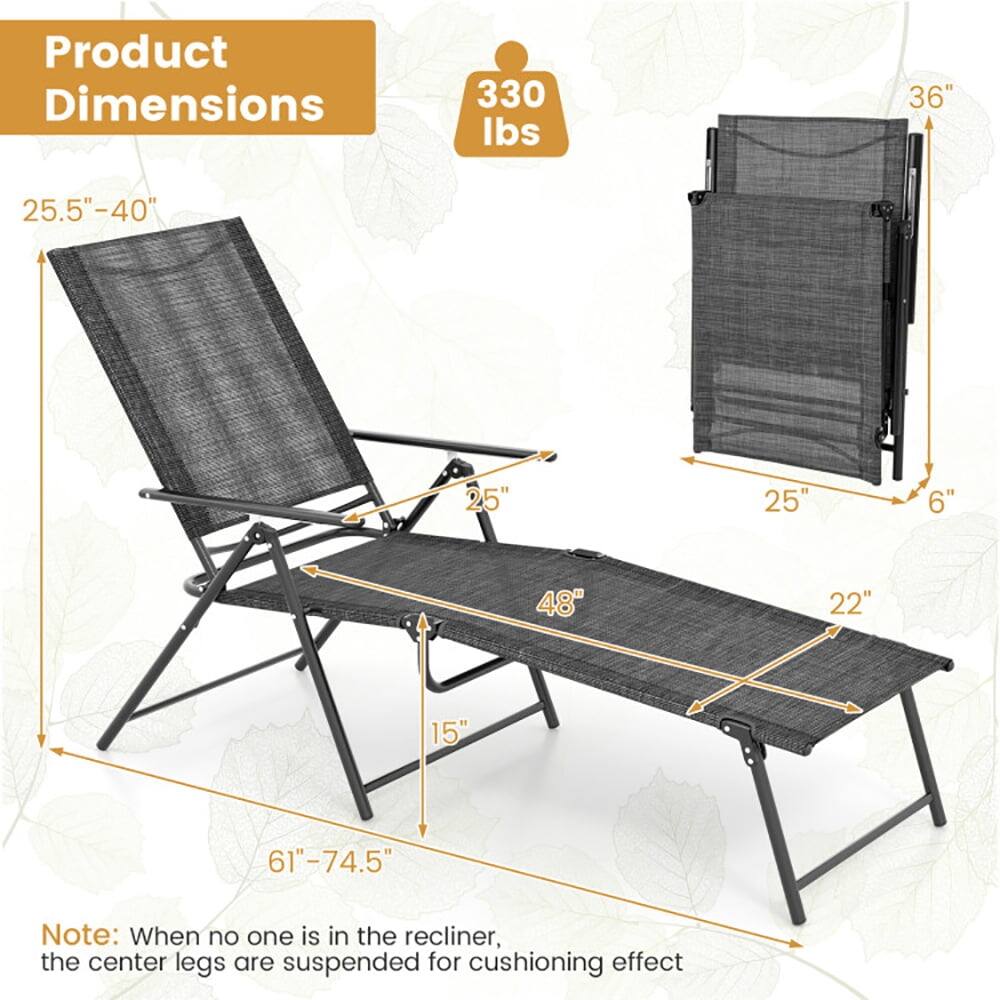 Product Dimensions: 330 lbs, 36", 25.5"-40", 25", 25", 6", 48", 22", 15", 61"-74.5"

Note: When no one is in the recliner, the center legs are suspended for cushioning effect