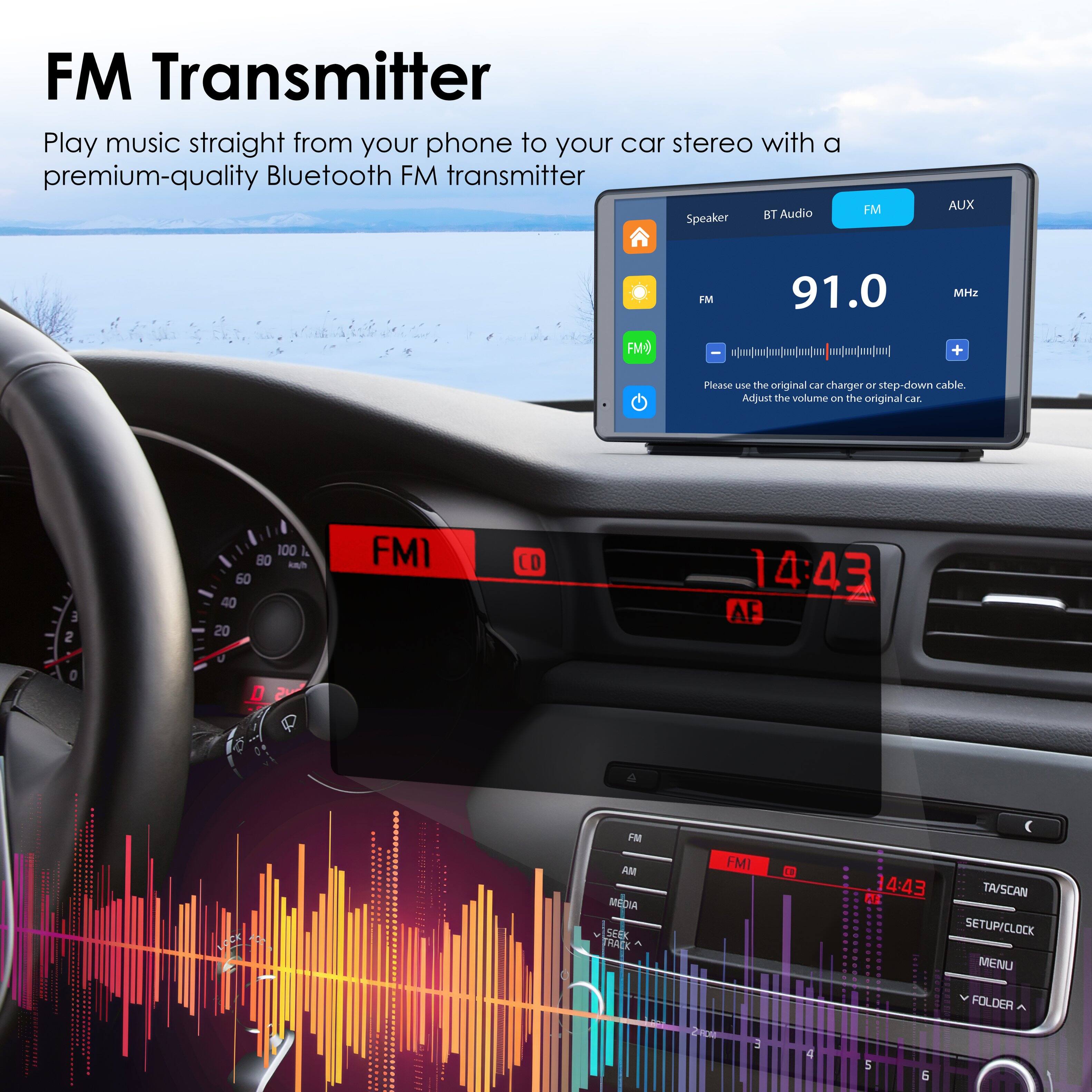 FM Transmitter, Play music straight from your phone to your car stereo with a premium-quality Bluetooth FM transmitter, Speaker, BT Audio, FM, AUX, FM 91.0, MHZ, FMO, Please use the original car charger or step-down cable. Adjust the volume on the original car.