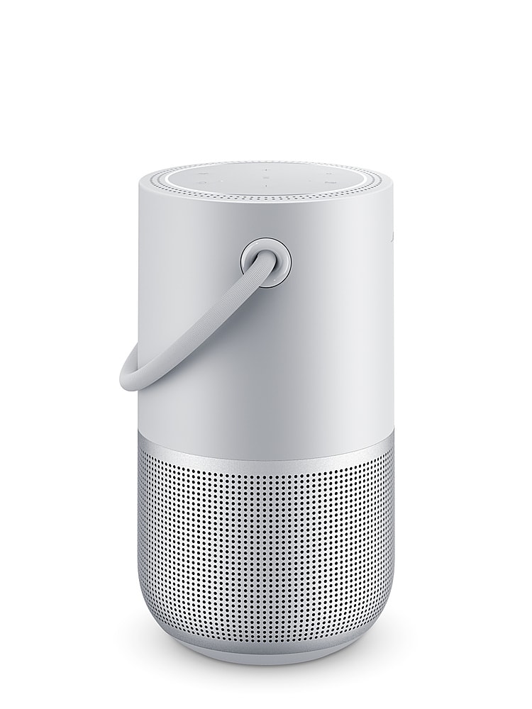 Left. Bose - Portable Smart Speaker with built-in WiFi, Bluetooth, Google Assistant and Alexa Voice Control - Luxe Silver.