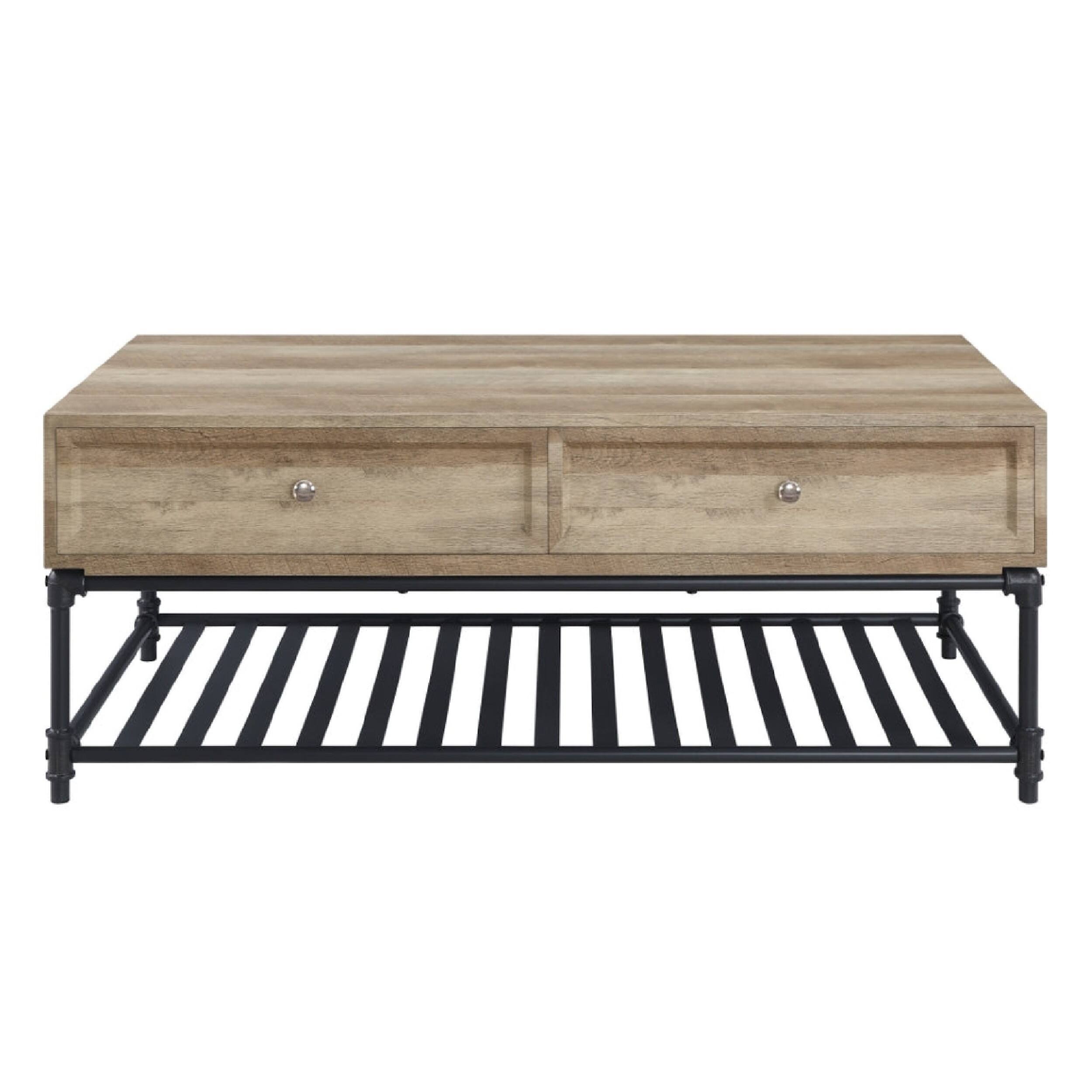 Alt View 1. Manhattan Lane - Ley 47 Inch Coffee Table, 2 Drawers, Industrial Design, Slatted Shelf - Brown.