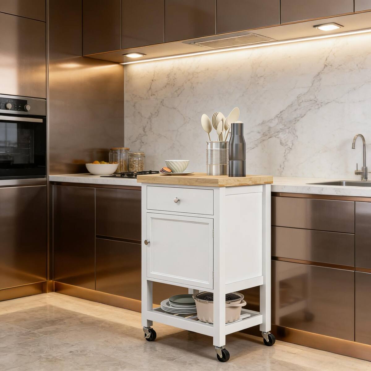 Front. Loheer - Loheer Mobile Kitchen Island with Rubberwood Top, White and Oak Rolling Kitchen Cart, 25-Inch - White, Oak.