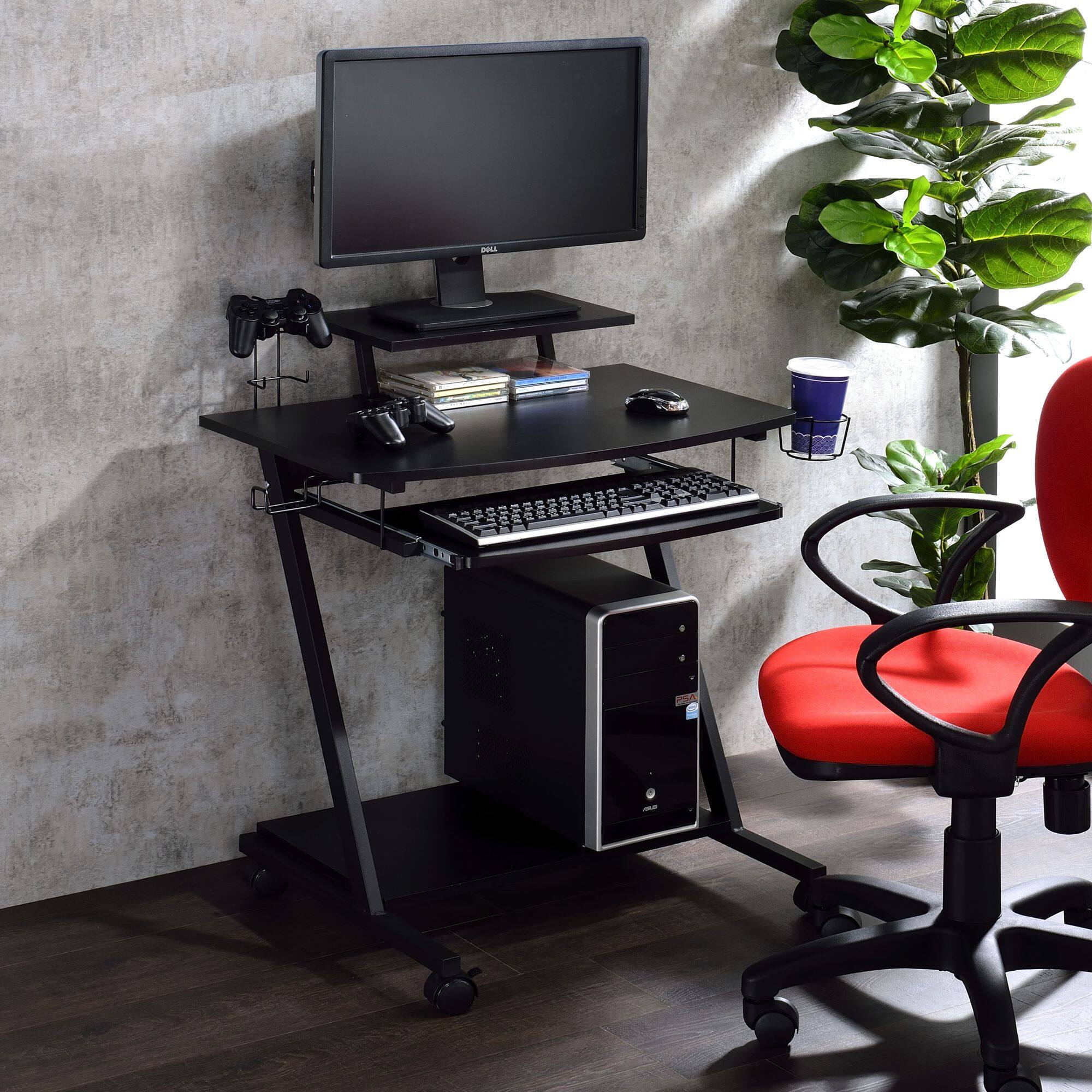 Front. GOODSILO - Black Gaming Desk with Keyboard Tray and Storage Shelf for Enhanced Gaming Setup and Workspace Organization - Black.