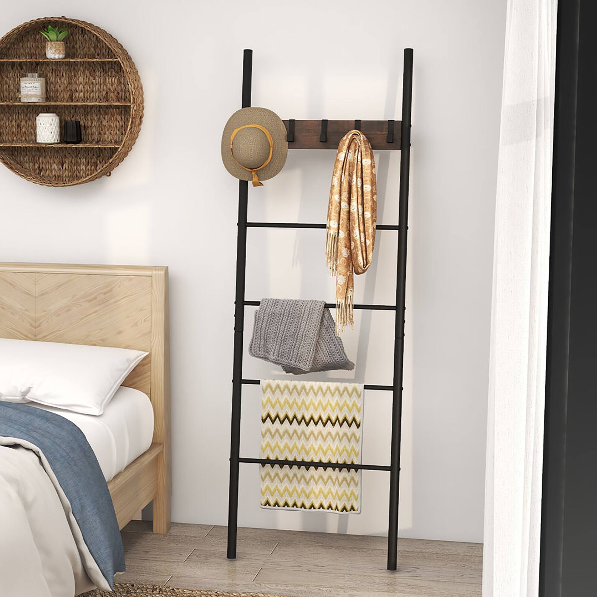Alt View 1. Gymax - Gymax 5-Tier Ladder Shelf Wall Leaning Blanket Ladder w/5 Removable Hooks Rustic Brown - Rustic Brown, Black.