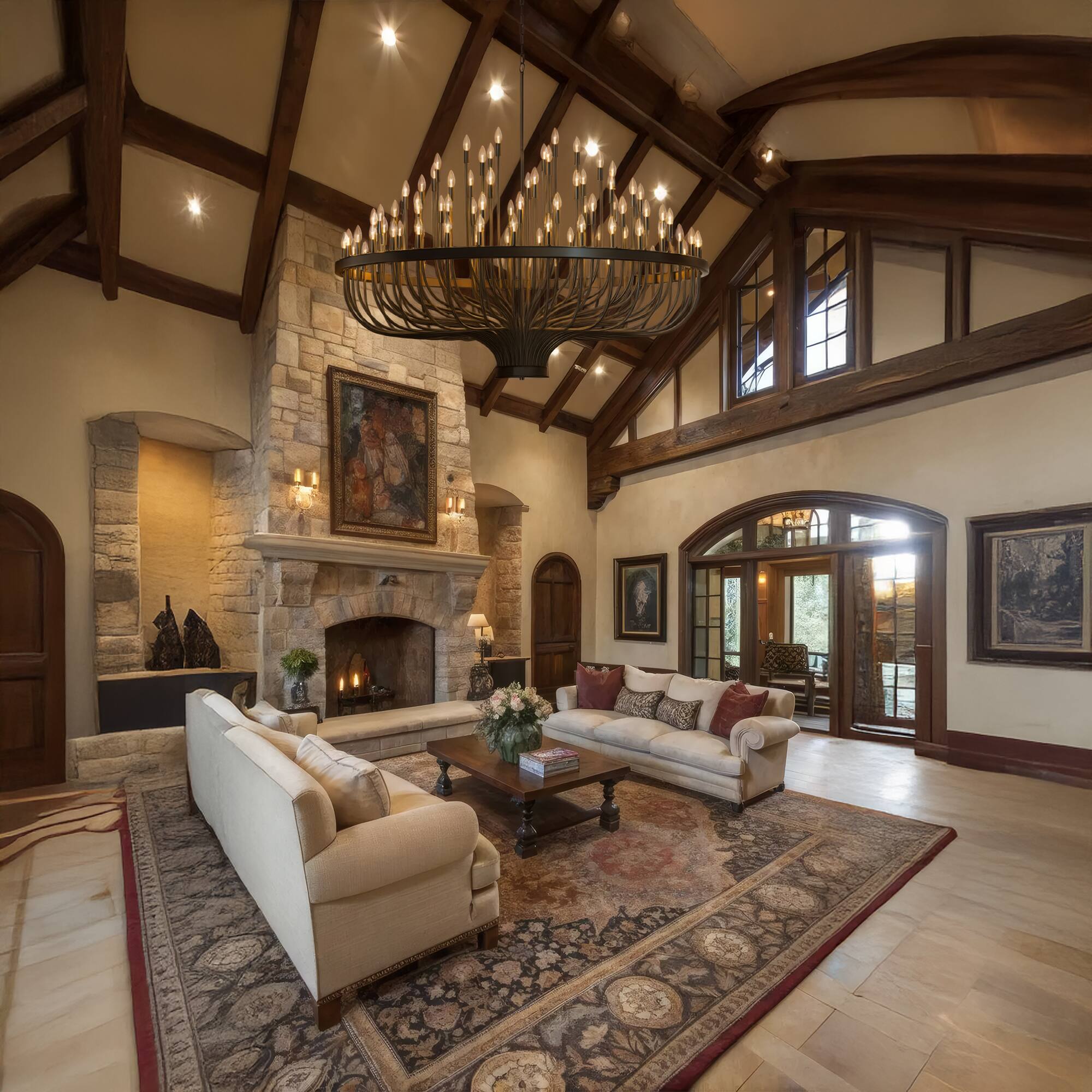 Left. RYHNUYNE - 96-Lights Farmhouse Foyer Chandelier Black Candle Round Chandeliers High Ceiling Adjustable Height Hanging Pendant Light - Black.