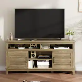 Jojoka - TV Stand for 63 in, Entertainment Center with Adjustable Shelves, Farmhouse TV Stand with Cabinet Doors - Natural