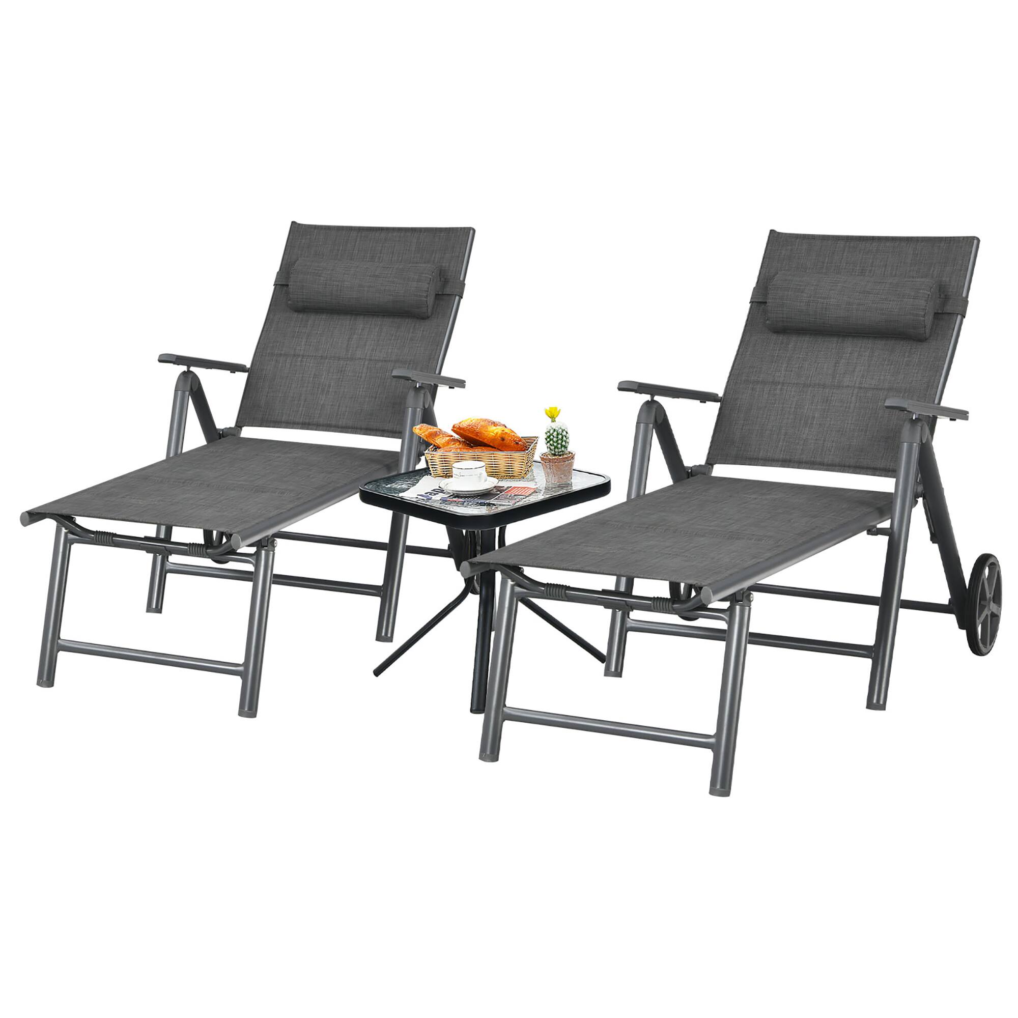 Costway - 2PCS Patio Reclining Chaise Lounge Padded Chair Aluminum Adjust Pillow - Gray
