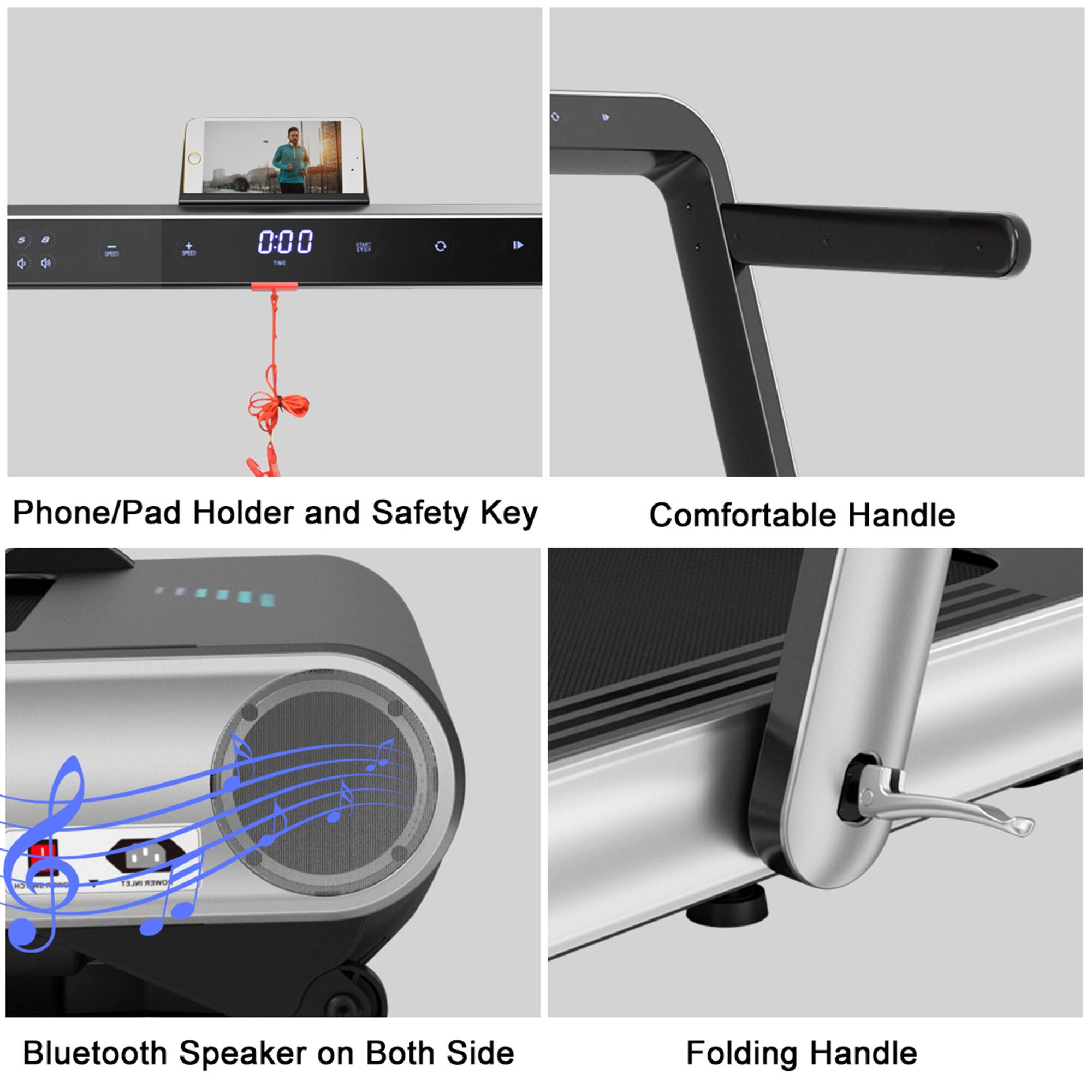 - Phone/Pad Holder and Safety Key
- Comfortable Handle
- Bluetooth Speaker on Both Side
- Folding Handle