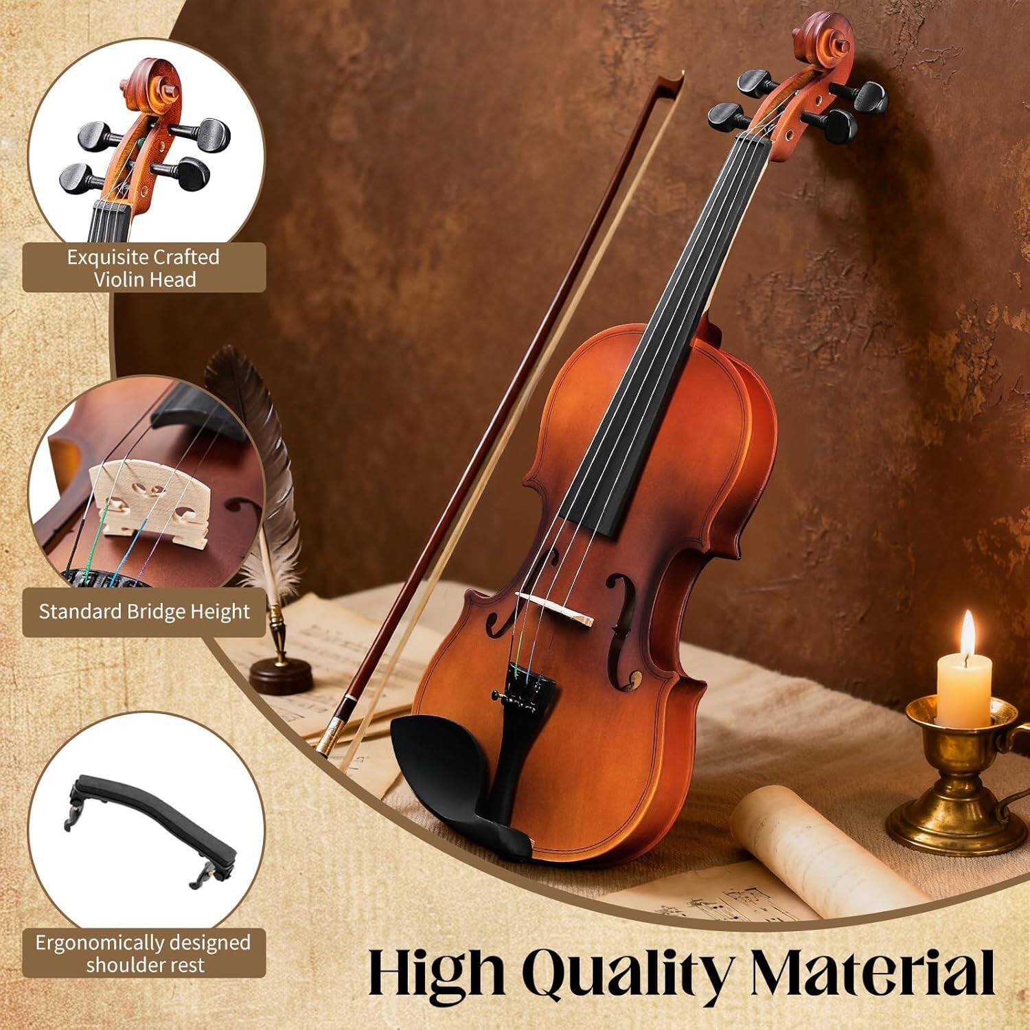 Exquisite Crafted Violin Head  
Standard Bridge Height  
Ergonomically designed shoulder rest  
High Quality Material