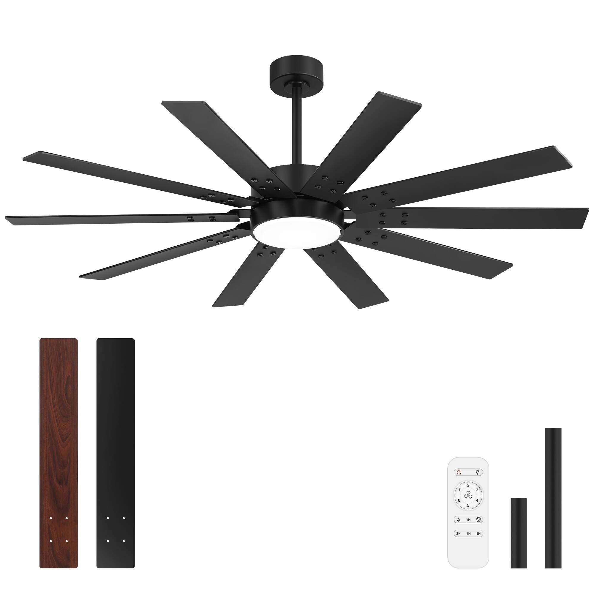 Angle. Breezary - 60-In LED Indoor Ceiling Fan, 10 Plywood Blades, 6-Speed DC Motor,  Remote Control, Multi Timer, 6"/12" Downrods - Black.