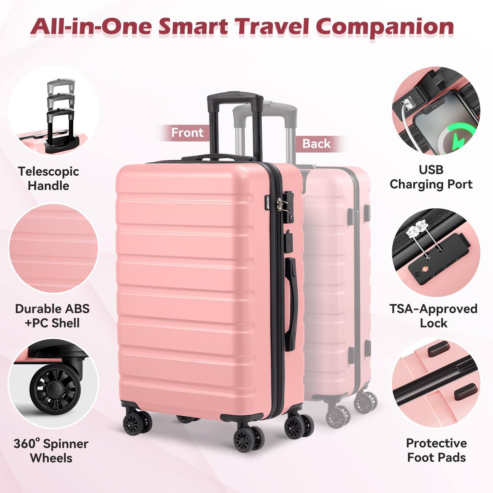 All-in-One Smart Travel Companion

- Telescopic Handle
- Durable ABS + PC Shell
- 360° Spinner Wheels
- Front
- Back
- USB Charging Port
- TSA-Approved Lock
- Protective Foot Pads