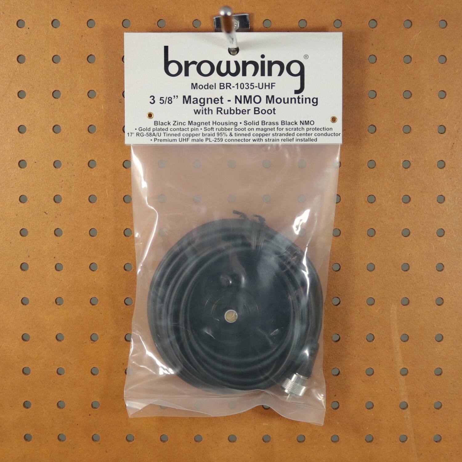 browning  
Model BR-1035-UHF  
3 5/8" Magnet - NMO Mounting with Rubber Boot  

- Black Zinc Magnet Housing  
- Solid Brass Black NMO Mounting  
- Gold plated contact pin  
- Soft rubber boot on magnet for scratch protection  
- 17' RG-58A/U Tinned copper braid 95% & tinned copper stranded center conductor  
- Premium UHF male PL-259 connector with strain relief installed