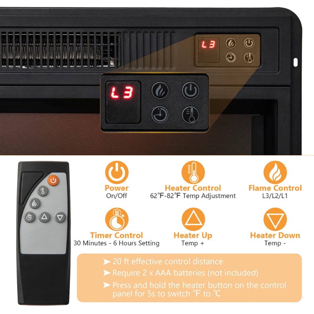 - Power On/Off
- Heater Control
- Flame Control
- 62°F-82°F Temp Adjustment
- L3/L2/L1
- Timer Control
- 30 Minutes - 6 Hours Setting
- Heater Up Temp +
- Heater Down Temp -
- 20 ft effective control distance
- Require 2 x AAA batteries (not included)
- Press and hold the heater button on the control panel for 5s to switch °F to °C