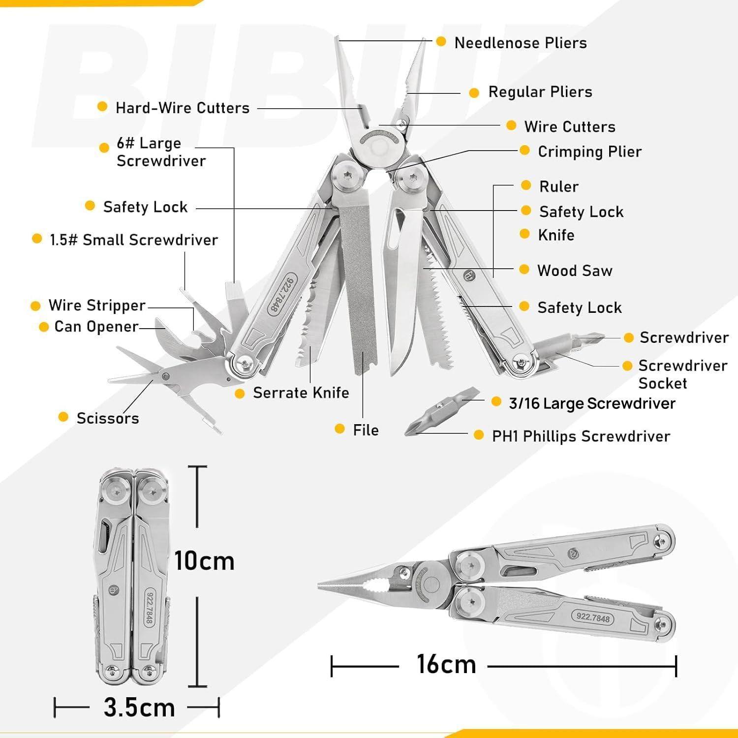 Needlenose Pliers  
Hard-Wire Cutters  
6# Large Screwdriver  
Safety Lock  
1.5# Small Screwdriver  
Wire Stripper  
Can Opener  
Scissors  
Serrate Knife  
File  

Regular Pliers  
Wire Cutters  
Crimping Plier  
Ruler  
Safety Lock  
Knife  
Wood Saw  
Safety Lock  
Screwdriver  
Socket  
3/16 Large Screwdriver  
PH1 Phillips Screwdriver  

Dimensions:  
10cm  
16cm  
3.5cm
