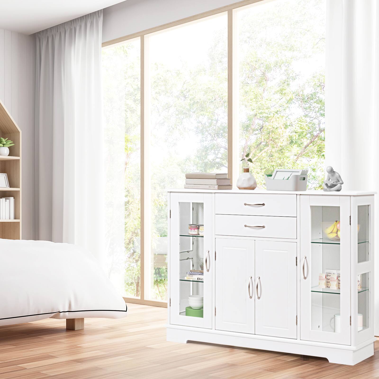 Alt View 8. Costway - Costway Buffet Storage Cabinet Console Cupboard W/Glass Door Drawers Kitchen Dining Room - White.