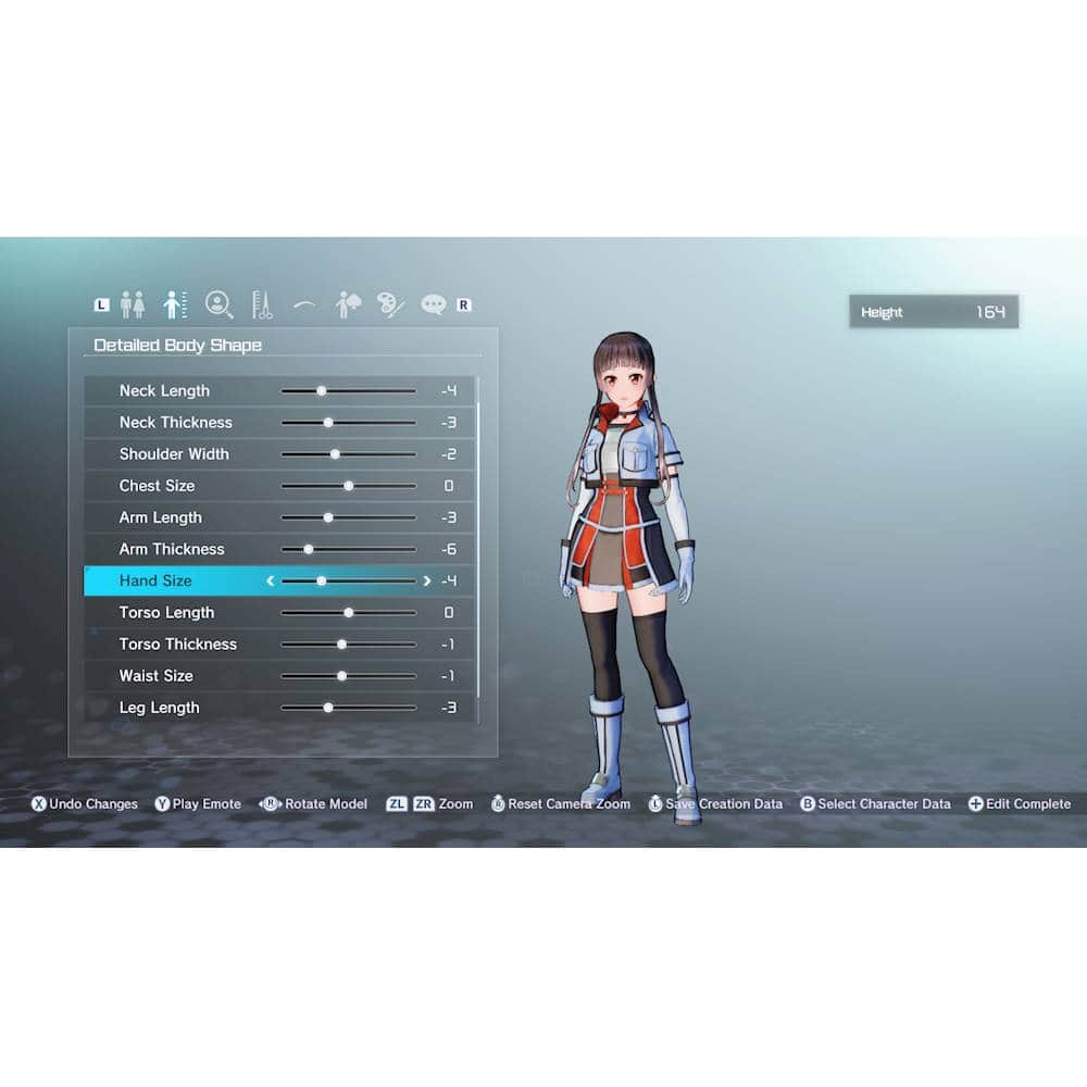 The image shows a character creation screen with a woman's figure displayed. The character is wearing a blue and red outfit. The screen allows the user to customize the character's appearance by adjusting various body parts, such as neck length, neck thickness, shoulder width, chest size, arm length, arm thickness, hand size, torso length, torso thickness, waist size, and leg length. The user can also undo any changes made to the character and save their creation.