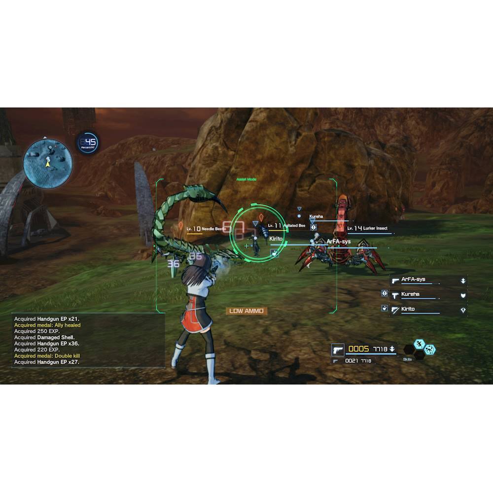 The image shows a video game character, likely a female warrior, standing in a field with a large rock nearby. The character is holding a weapon, possibly a spear, and is engaged in a battle with other characters. The game appears to be a fantasy-themed role-playing game, with the character possibly fighting a dragon or another creature. The character's name is "Kurmhn," and she has acquired a handgun EP x21, which is a type of weapon in the game. The game also features a "Lurker" character, which is another enemy or ally in the game.