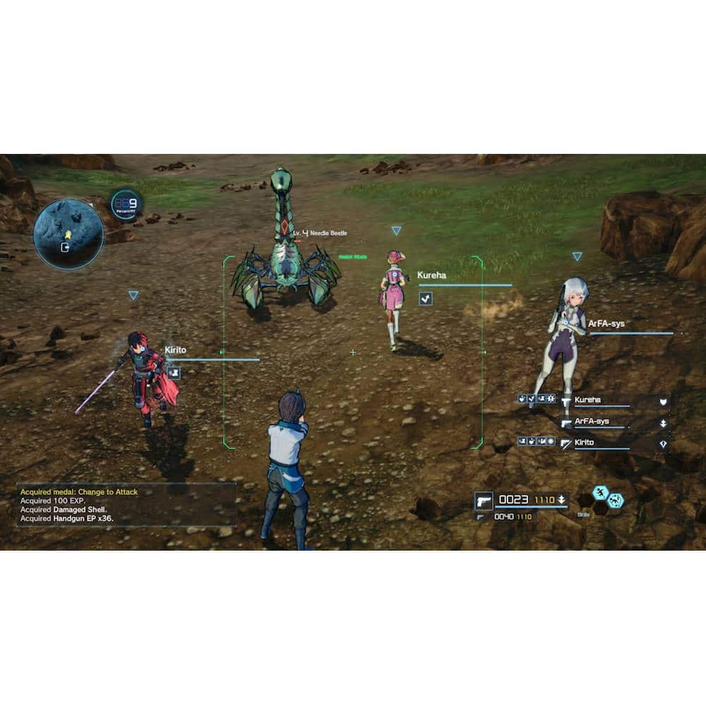 The image features a group of characters in a game, with one of them holding a gun. The characters are standing on a dirt field, and there is a large creature nearby. The image also shows a map of the game, which includes the characters and the creature. The game appears to be a role-playing game, with the characters possibly engaging in combat or exploring the environment.