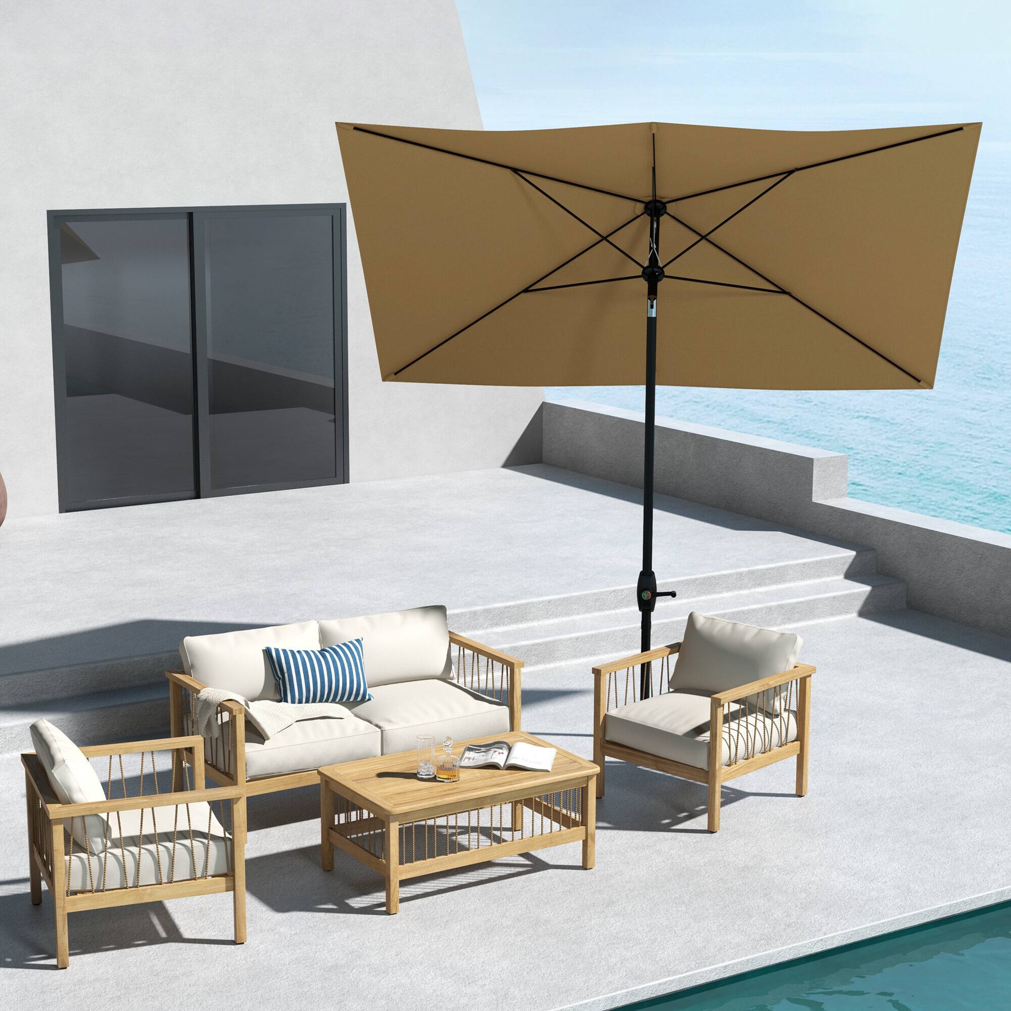 Angle. Outsunny - 6.5' x 10' Rectangular Market Umbrella, Patio Outdoor Table Umbrella with Crank and Push Button Tilt - Coffee.