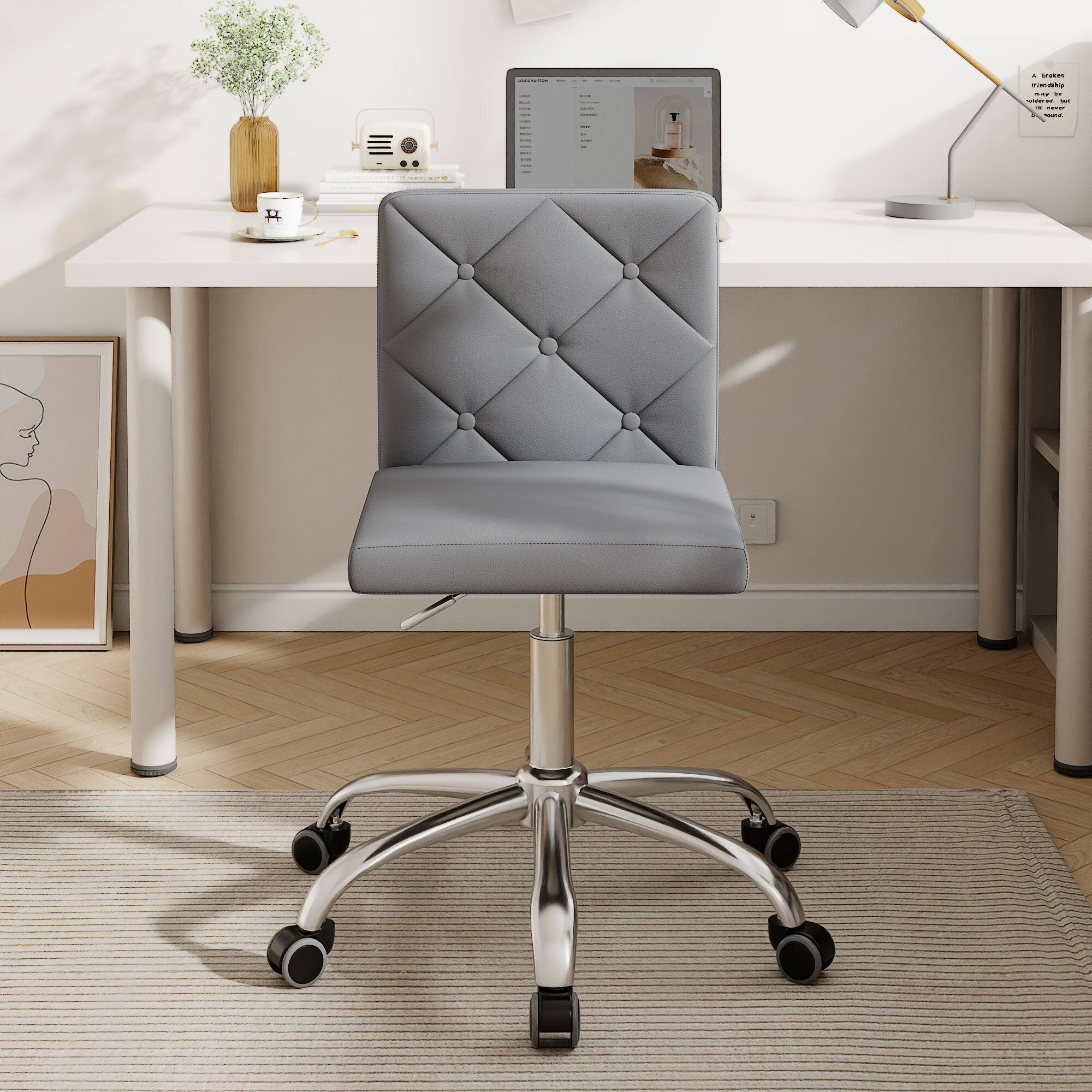 Alt View 1. Vecelo - Grey PU Leather Armless Office Chair - 28-32 Inch Adjustable Height Task Chair, Ergonomic Computer Chair with Wheels - Light Grey.