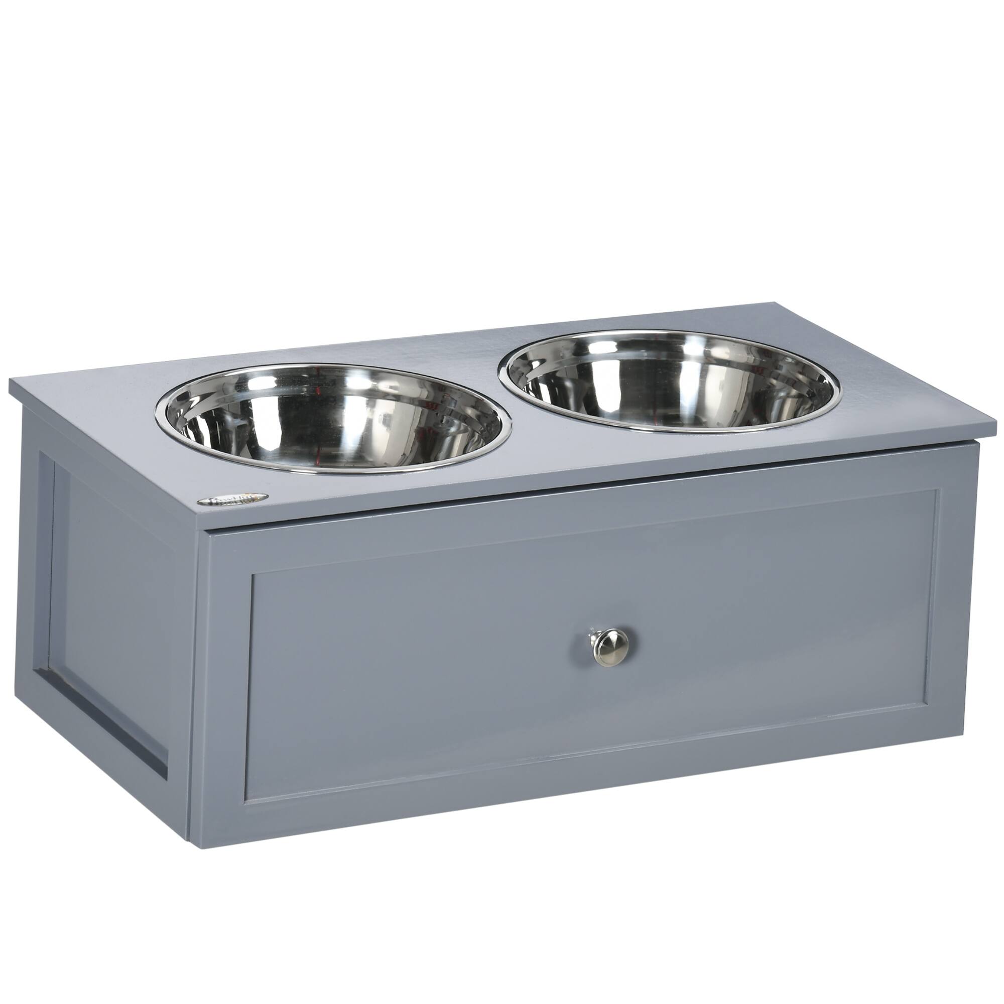 Front. Pawhut - Elevated Bowls, Raised Bowl Stand with Storage, 2 Stainless Steel Bowls, Medium Dogs, 23.6" x 11.8" x 9.4" - Gray.