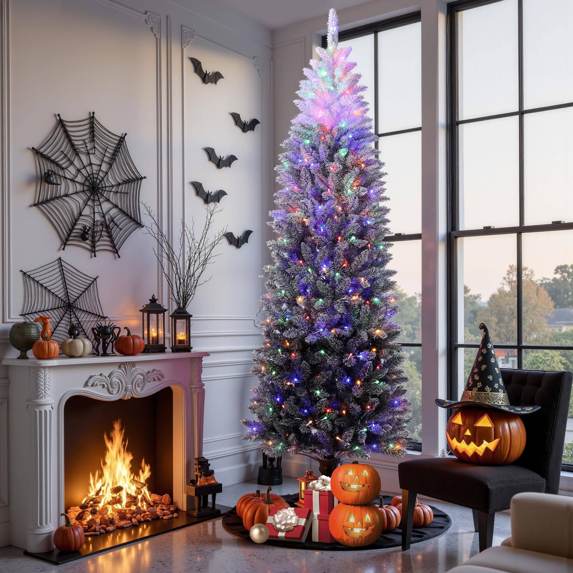 Angle. Jojoka - 6Ft Snow Flocked Pencil Christmas Tree, Slim Gradient Xmas Tree with Metal Stand, Holiday Decor - 6 Ft Black.