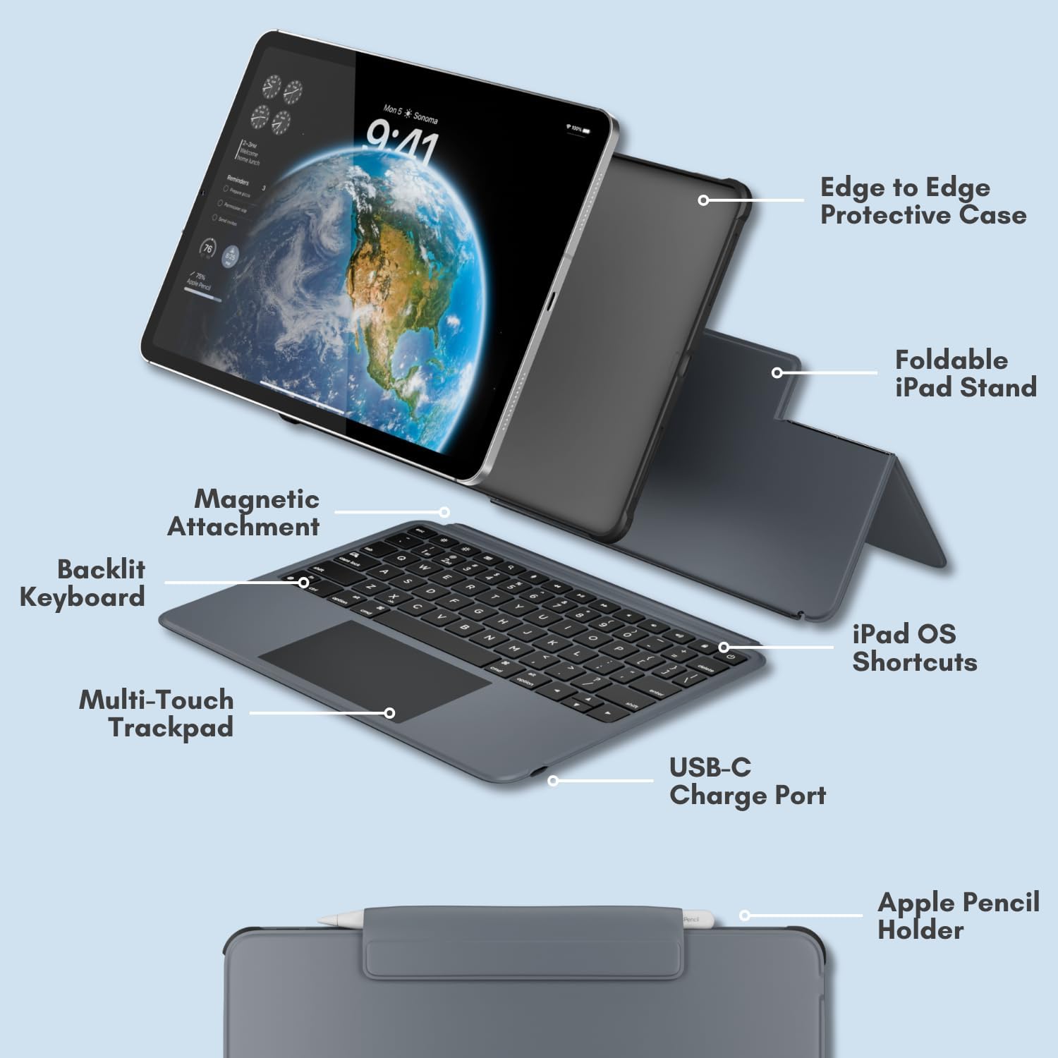 Man5 . Soroine 9:41 Edge to Edge Protective Case 7 Foldable iPad Stand Magnetic Attachment Backlit Keyboard Multi-Touch Trackpad iPad OS Shortcuts 1 USB-C Charge Port Apple Pencil Holder