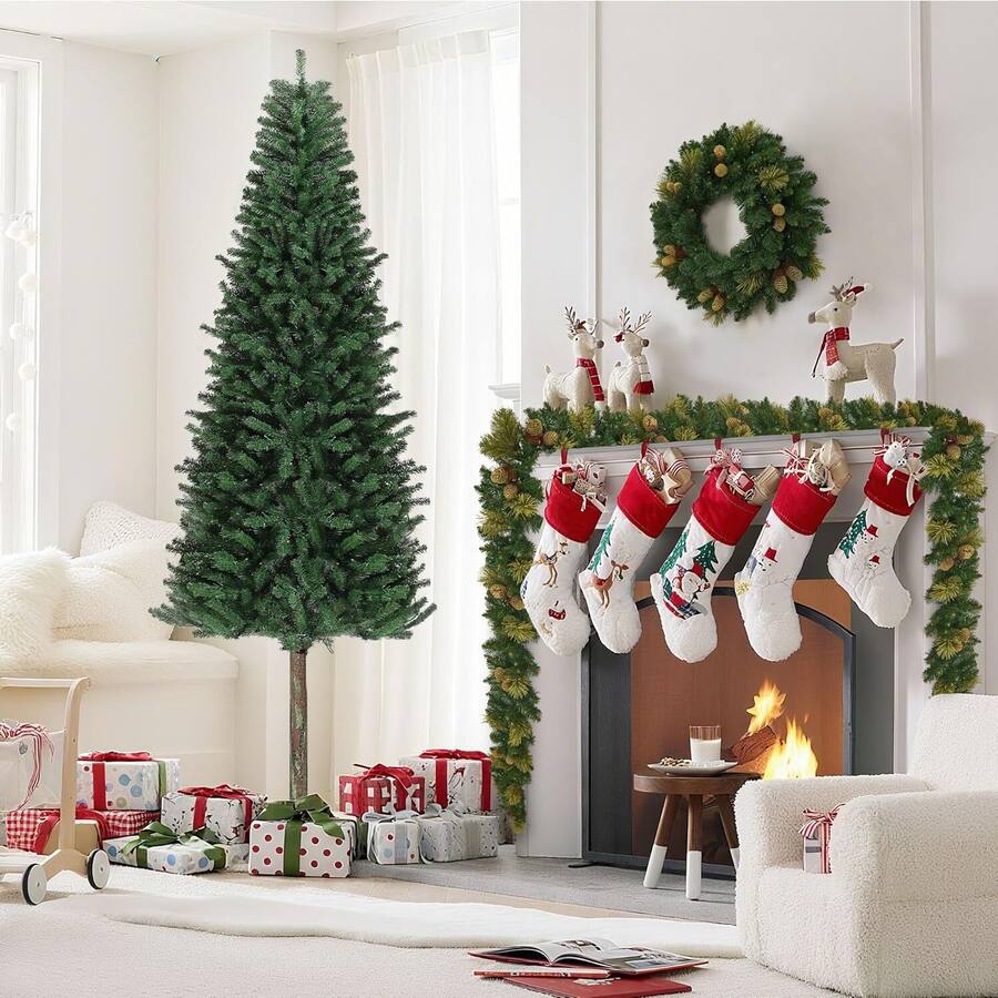 7.5 Ft Pre-Lit Pencil Christmas Tree With 400 Warm LED Lights | Slim Door Decoration
