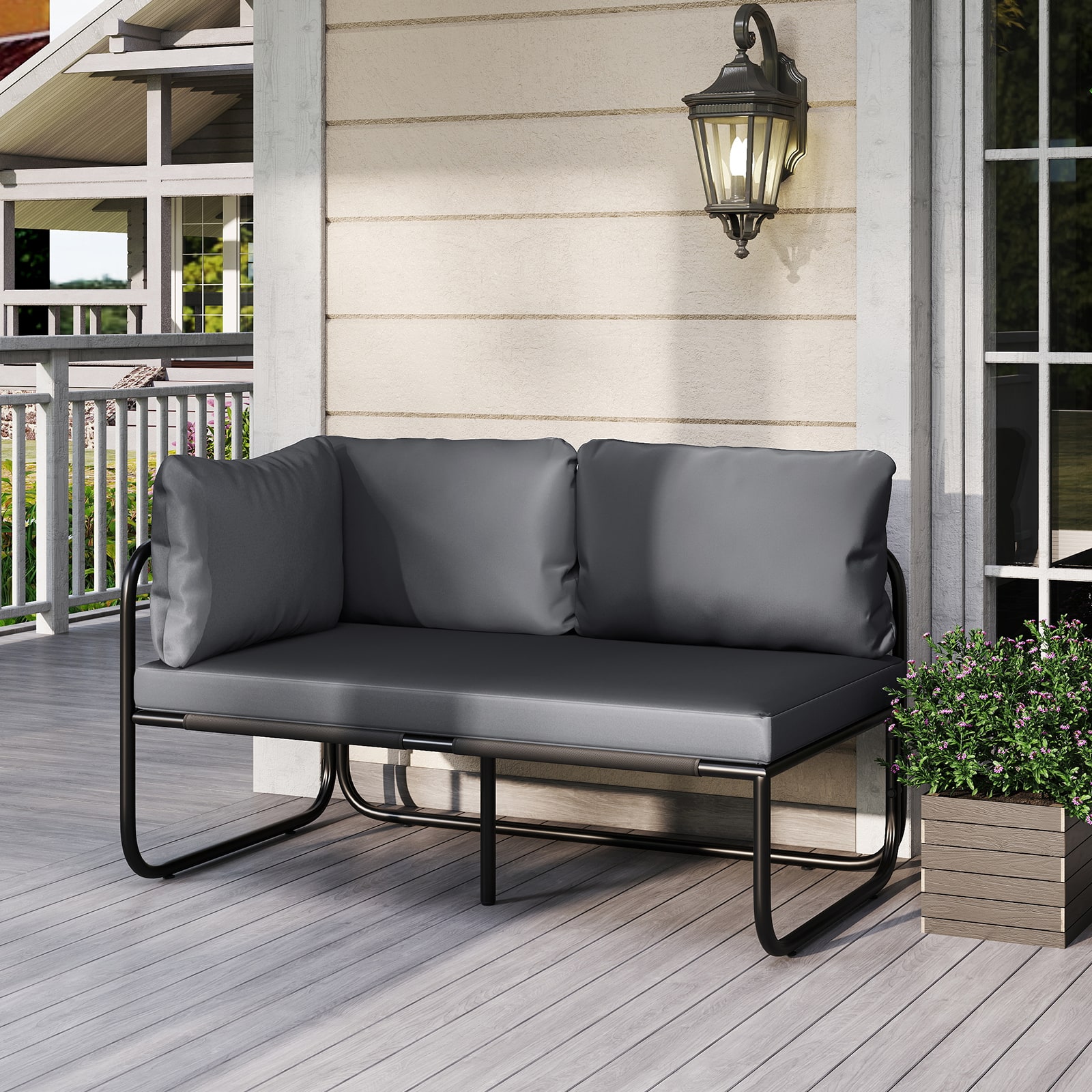 Gymax - Patio Loveseat w/ Removable Pillows & Seat Cushion Side Armrest Metal Frame - Gray