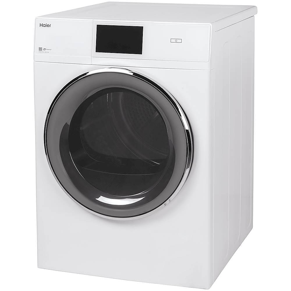 Left View: Haier - 4.3 Cu. Ft. Stackable Smart Electric Dryer with LCD Display - White