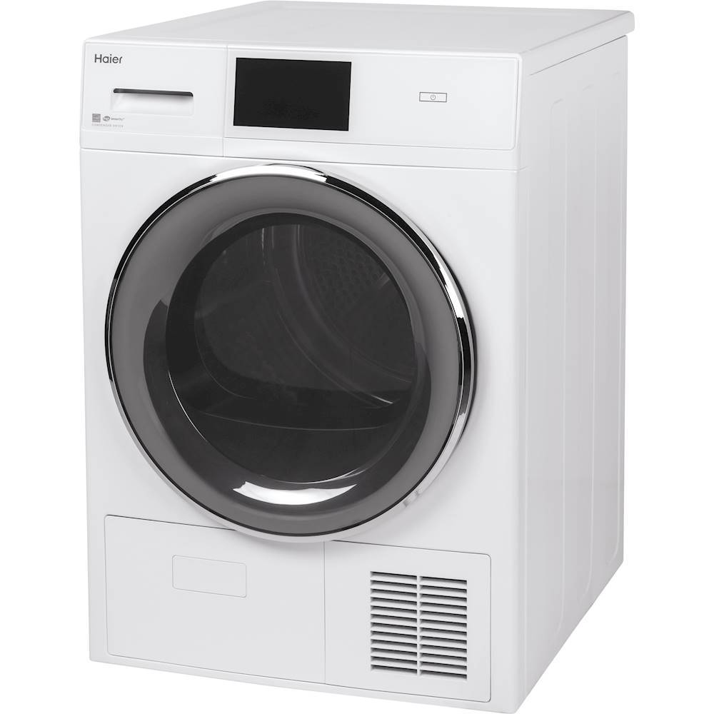 Left View: Haier - 4.1 Cu. Ft. Stackable Smart Electric Dryer with Ventless Drying - White