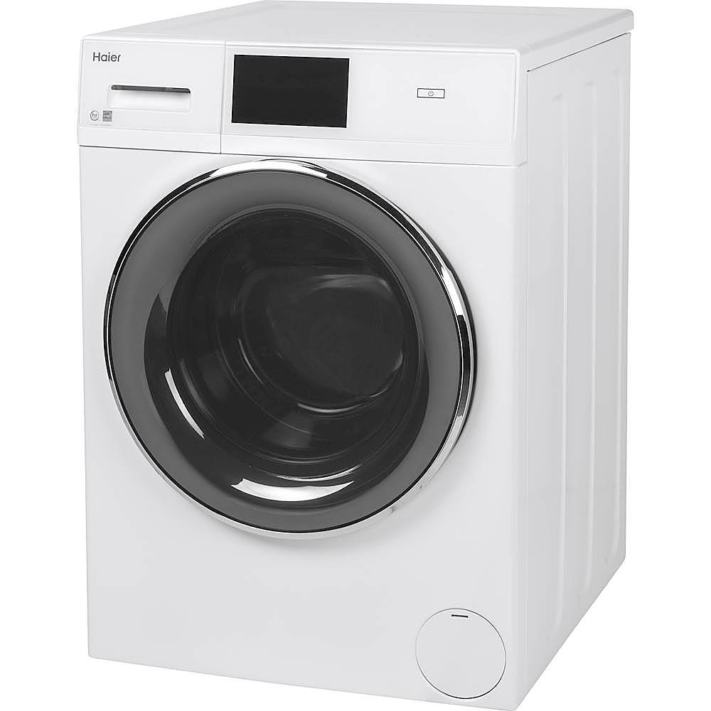 Left View: Haier - 2.4 Cu. Ft. High Efficiency Stackable Smart Front Load Washer - White