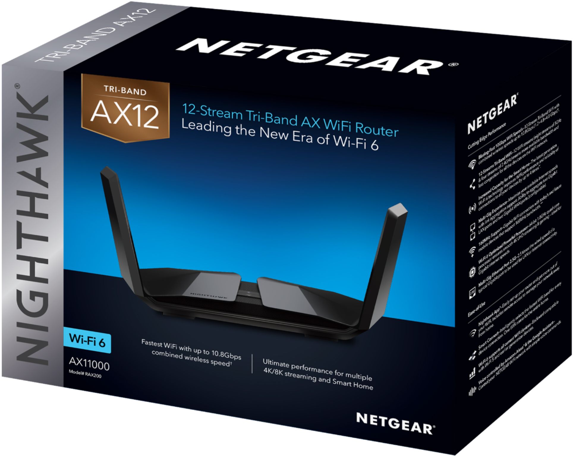 Up to 10.8 Gbps NETGEAR Nighthawk 12-Stream AX12 WiFi 6 Router - AX11000 Tri-Band Wireless Speed | 2,500 sq Coverage ft RAX200