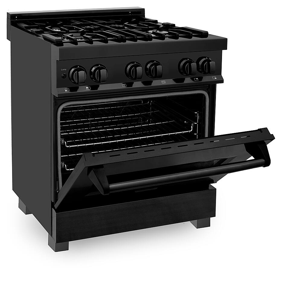 Left. ZLINE - Dual Fuel Range with Gas Stove and Electric Oven - Black Stainless Steel.
