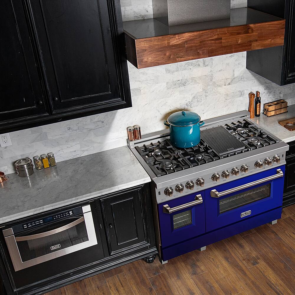 ZLINE 48" Legacy Dual Fuel Range in DuraSnow® Stainless Steel & Blue