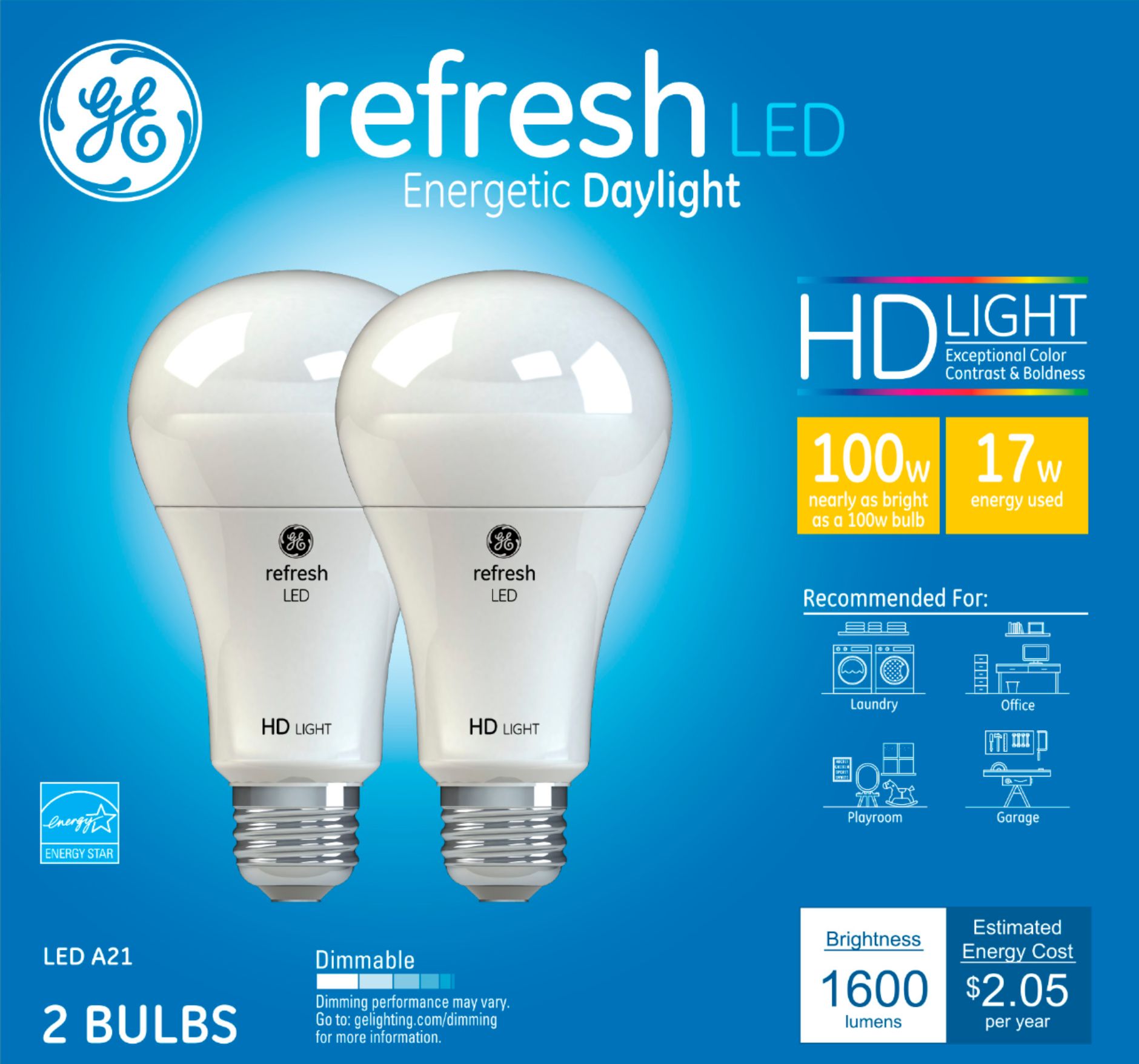 GE HD 1600-Lumen, 17W Dimmable A21 LED Light Bulb, 100W Equivalent (2-Pack) White 44149 - Best
