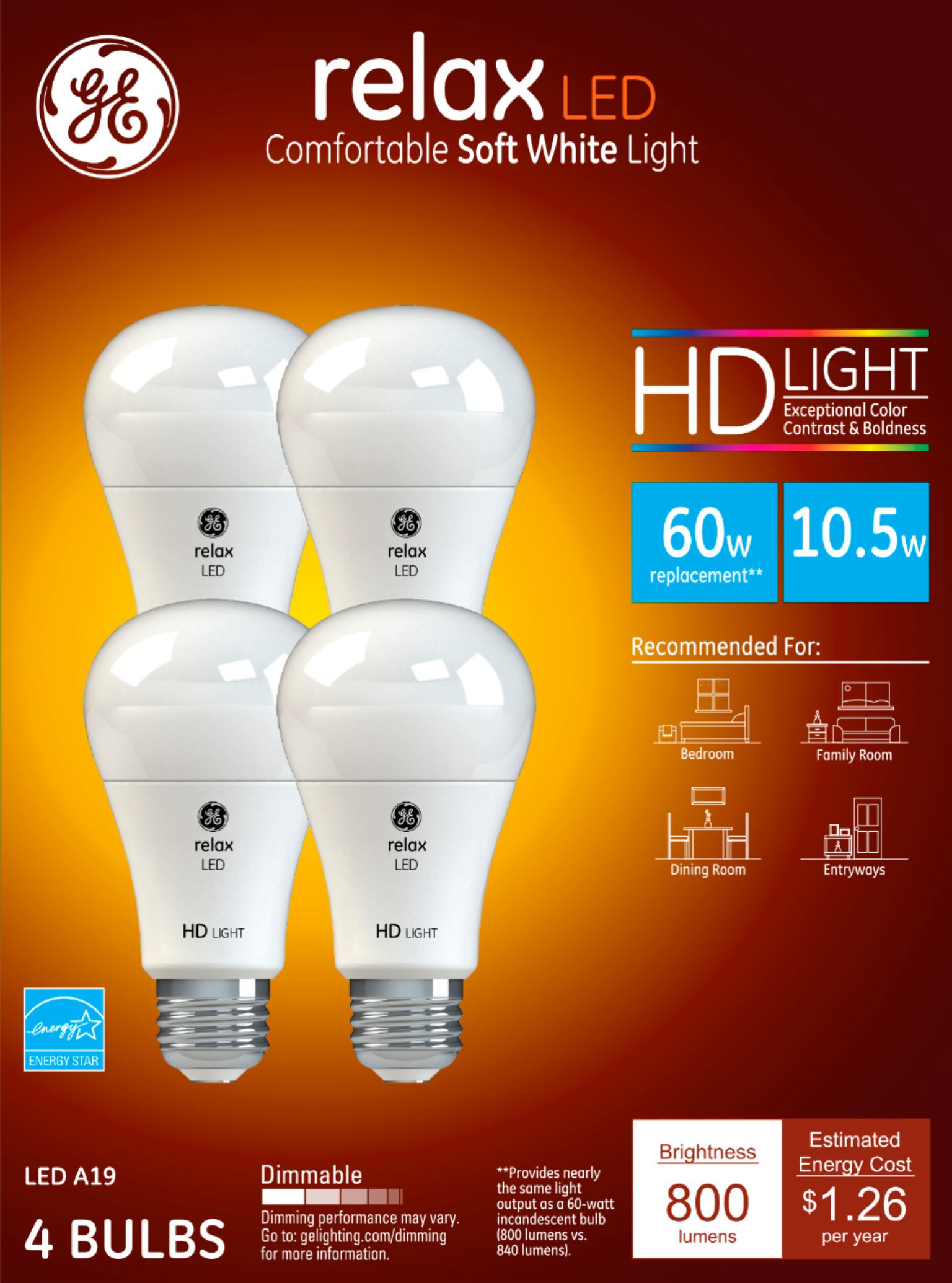 60-Watt Replacement 2 800-Lumen Medium Base Soft White GE Lighting 36835 Light Bulb Relax HD Dimmable LED A19 10.5 2-Pack