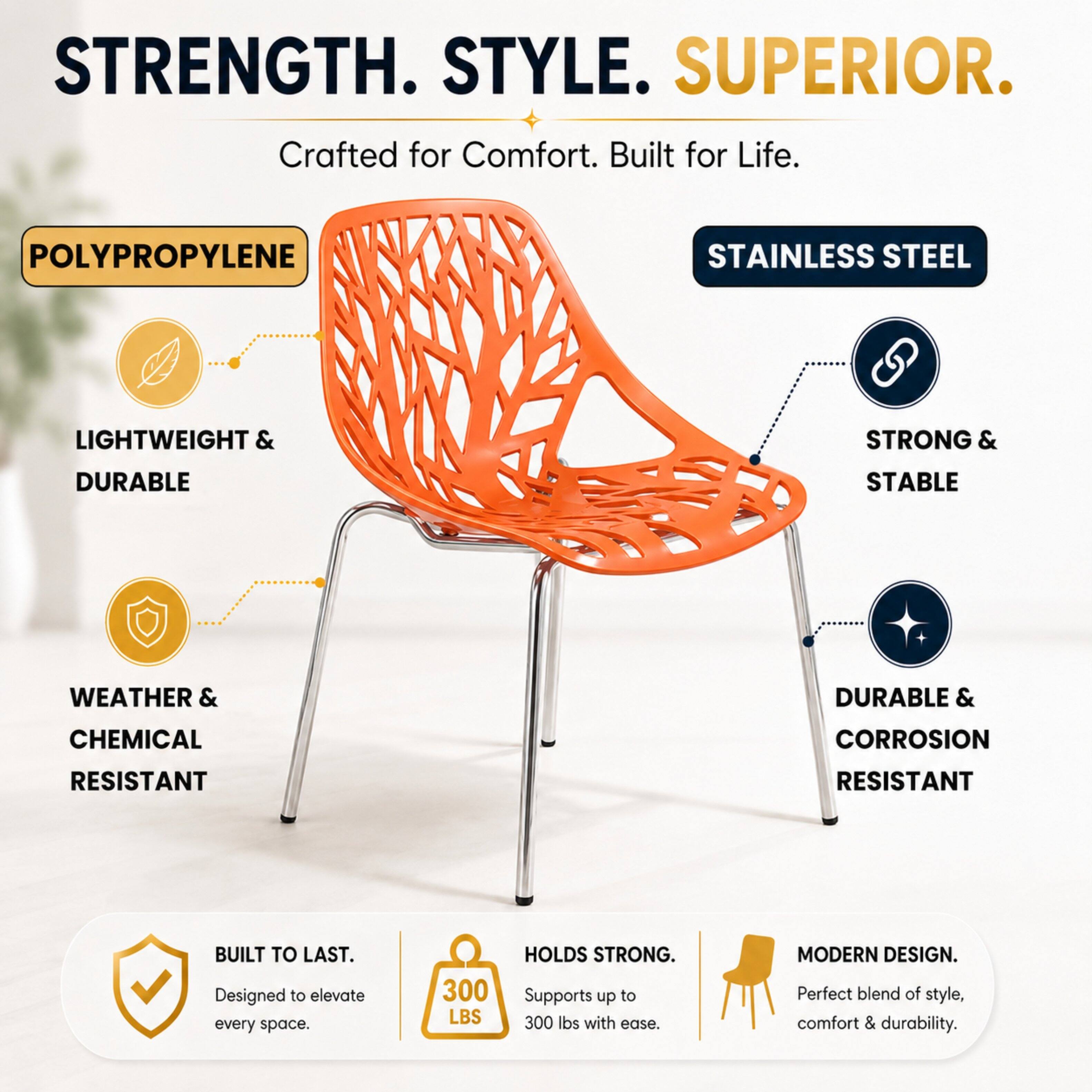 STRENGTH. STYLE. SUPERIOR.  
Crafted for Comfort. Built for Life.  

POLYPROPYLENE  
LIGHTWEIGHT & DURABLE  
WEATHER & CHEMICAL RESISTANT  

STAINLESS STEEL  
STRONG & STABLE  
DURABLE & CORROSION RESISTANT  

BUILT TO LAST.  
Designed to elevate every space.  

300 LBS HOLDS STRONG.  
Supports up to 300 lbs with ease.  

MODERN DESIGN.  
Perfect blend of style, comfort & durability.