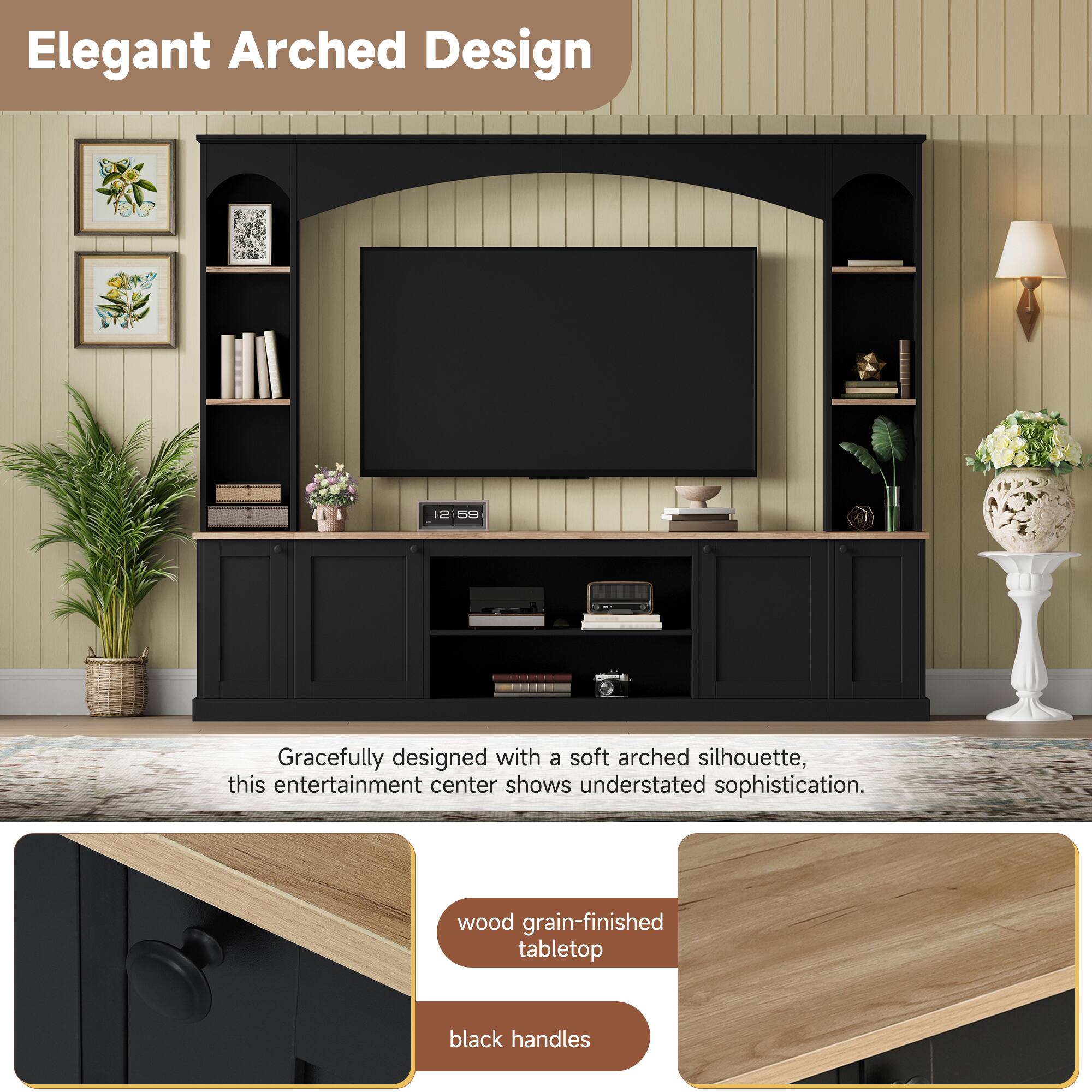 Elegant Arched Design

Gracefully designed with a soft arched silhouette, this entertainment center shows understated sophistication.

- wood grain-finished tabletop
- black handles
