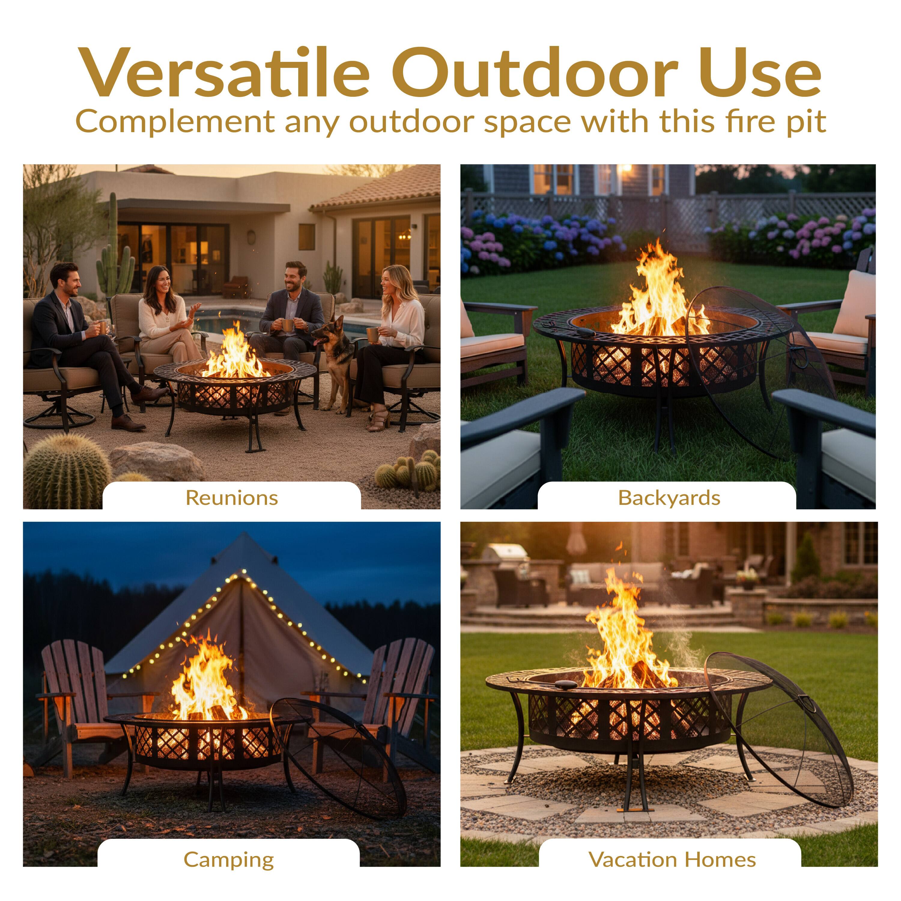 Versatile Outdoor Use  
Complement any outdoor space with this fire pit  

- Reunions  
- Backyards  
- Camping  
- Vacation Homes