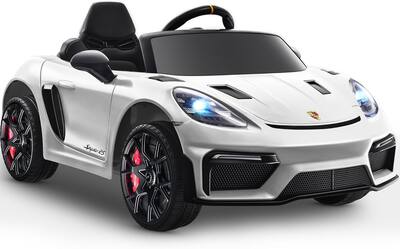 Front. FIRST RIDE ON - Licensed Porsche 718 12V Electric Car for Kids, Ride-On Car with Parent Remote Control, LED Lights, MP3 Player - White.