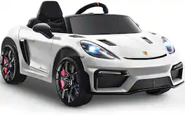 FIRST RIDE ON - Licensed Porsche 718 12V Electric Car for Kids, Ride-On Car with Parent Remote Control, LED Lights, MP3 Player - White