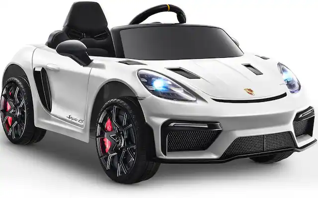 Front. FIRST RIDE ON - Licensed Porsche 718 12V Electric Car for Kids, Ride-On Car with Parent Remote Control, LED Lights, MP3 Player - White.