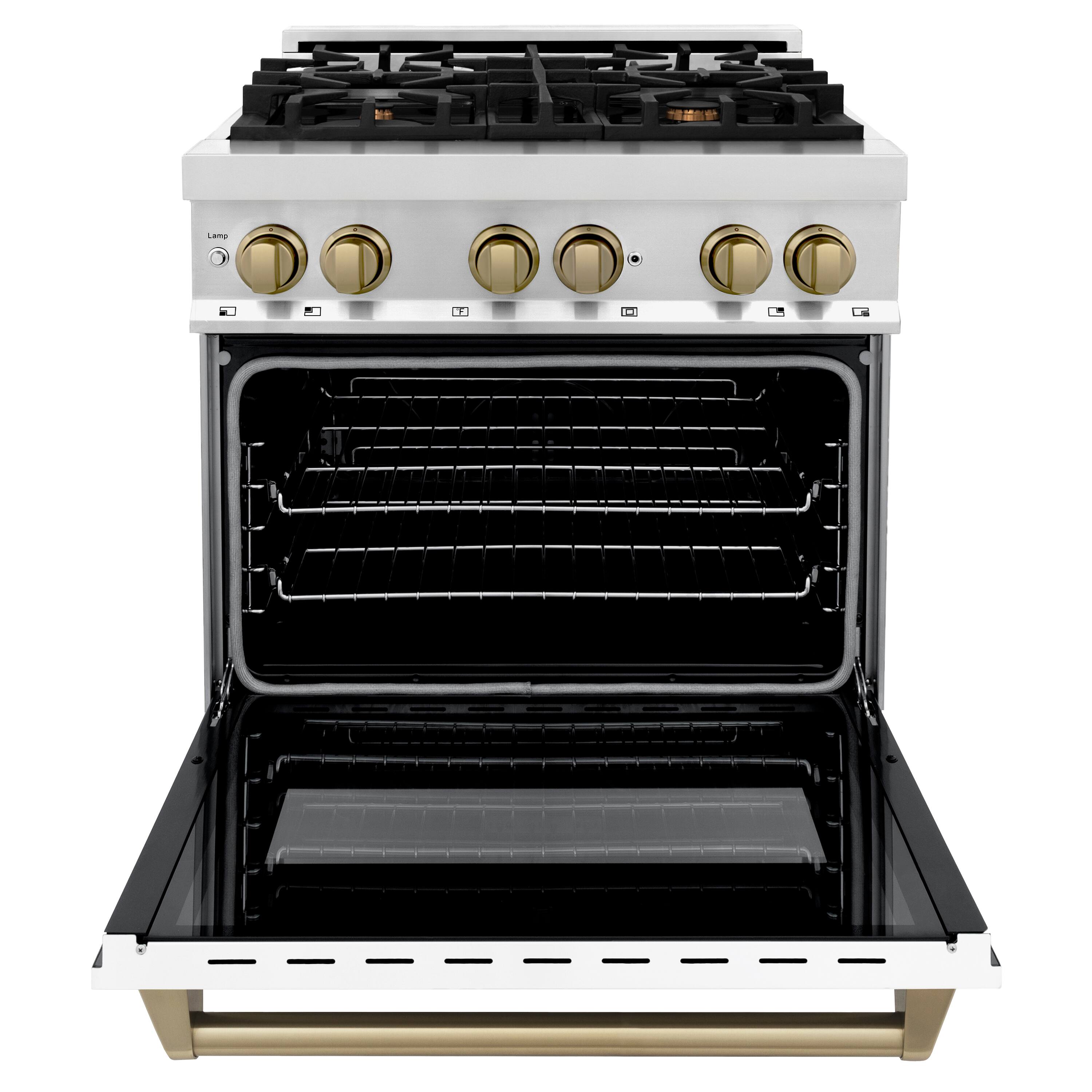 Angle. ZLINE - Autograph 30" Legacy Dual Fuel Range w/ 4 Burners & White & Bronze Accents (RAZ-WM-30-CB) - Multicolor.