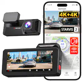 REDTIGER - 4K+4K HDR 4'' Touch Screen Dash Cam ,Voice Control - Black