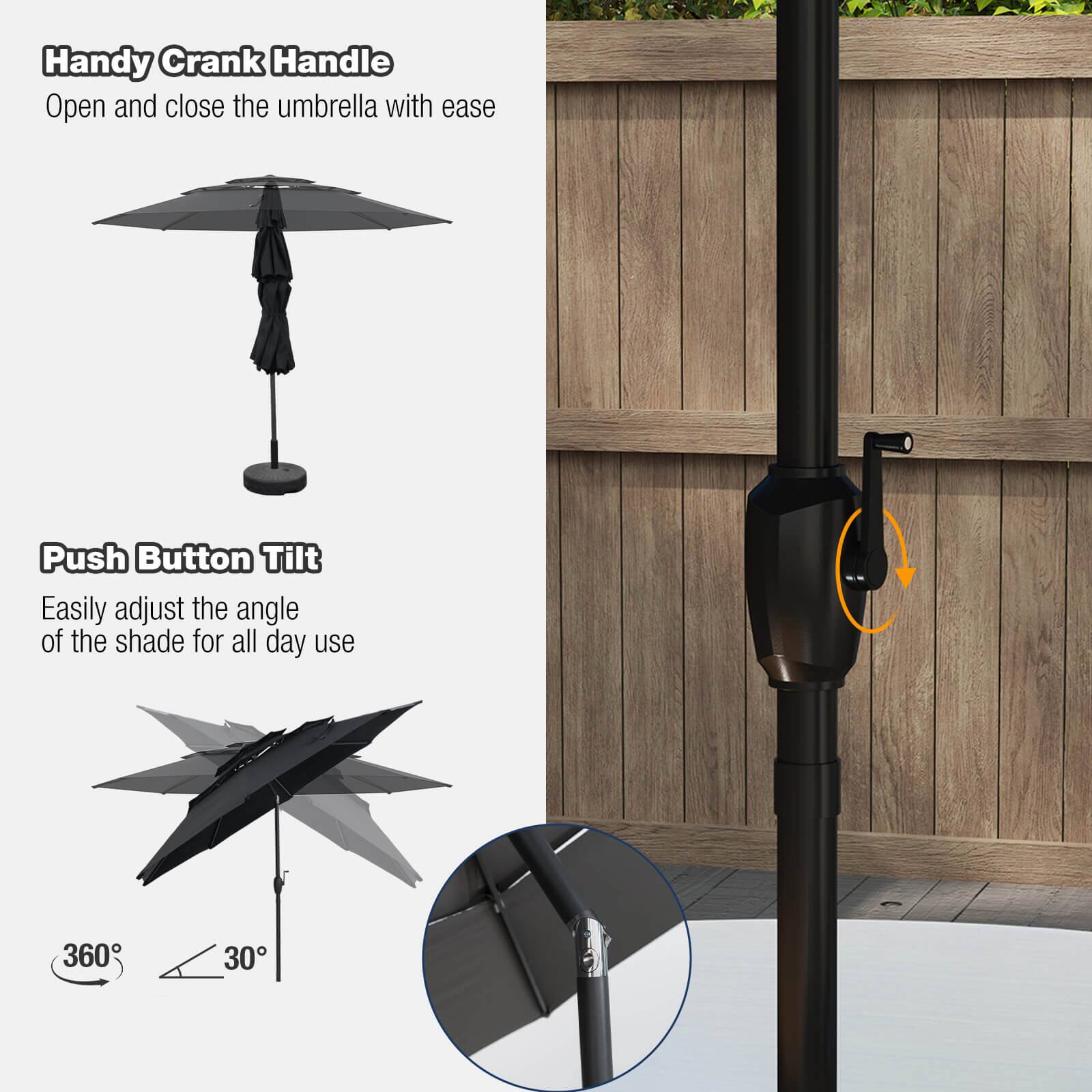 Handy Crank Handle: Open and close the umbrella with ease.
Push Button Tilt: Easily adjust the angle of the shade for all day use.
360 30: The umbrella can be opened to 360 degrees and has a 30-degree tilt.