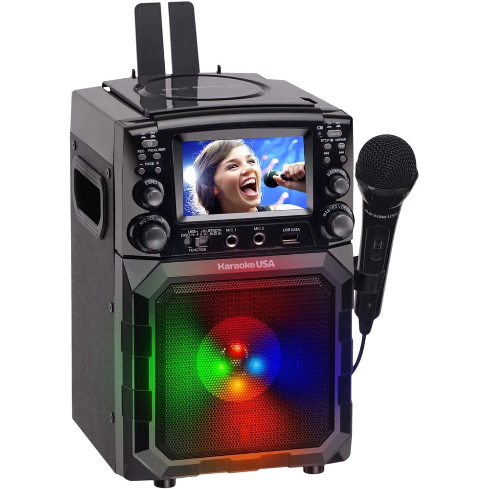 Left. Karaoke USA - Portable CDG/MP3G Karaoke Player with 4.3" Color TFT Screen, Bluetooth, Recording Function, and PA - Black.