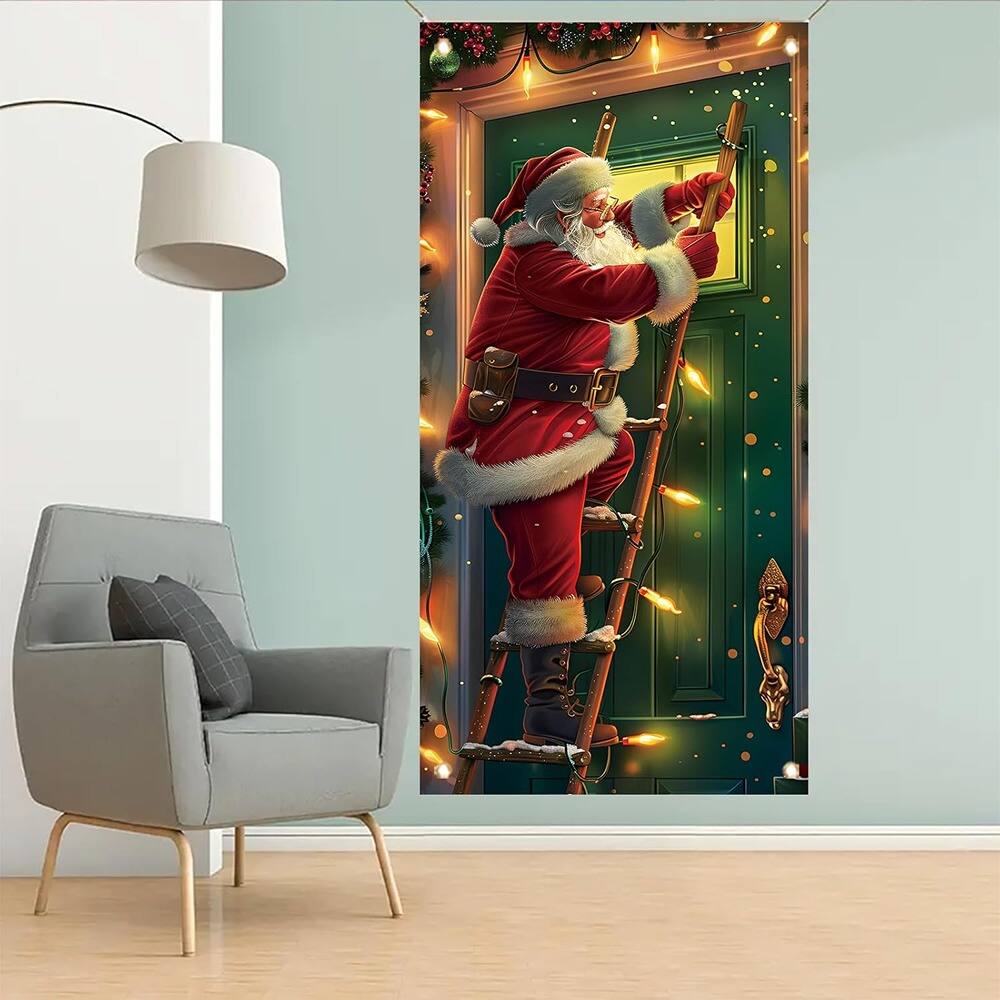 Back. MOSZAR LLC - Santa Climbing Door Banner, 71×35 in, Green with Holiday Lights, Christmas Decor - red.