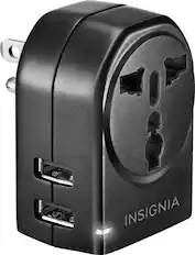 Front. Insignia™ - Grounded travel adapter with 2 USB Ports - Black.