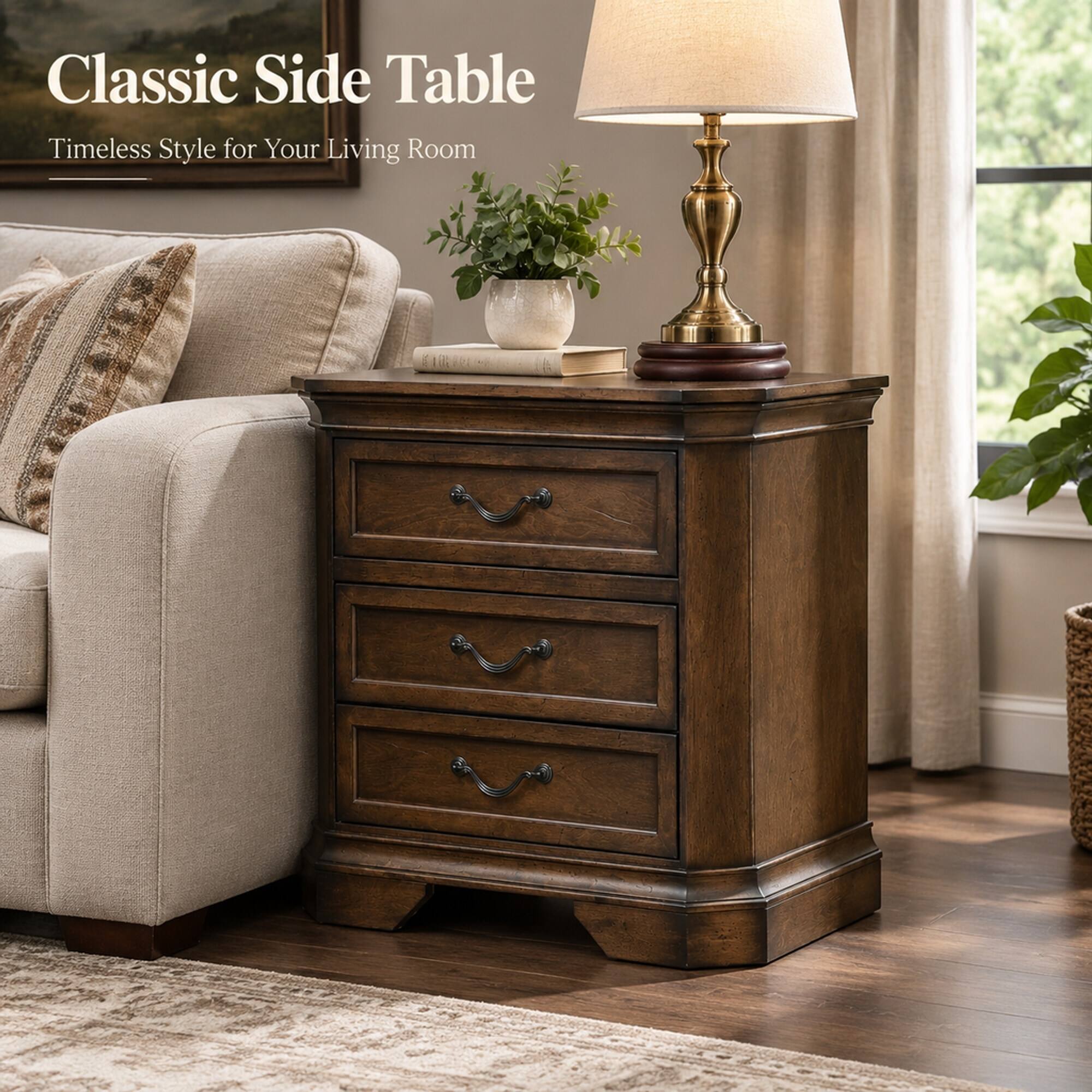 RYHNUYNE 3 Drawer Wood Nightstand, Antique Walnut Finish, Solid Wood ...